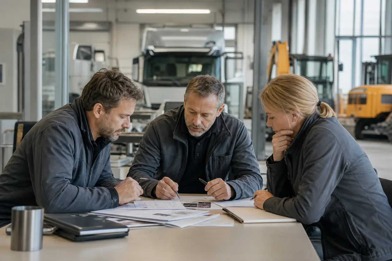 Drei Sachverständige besprechen gemeinsam Prüfunterlagen in einer Werkstatt.