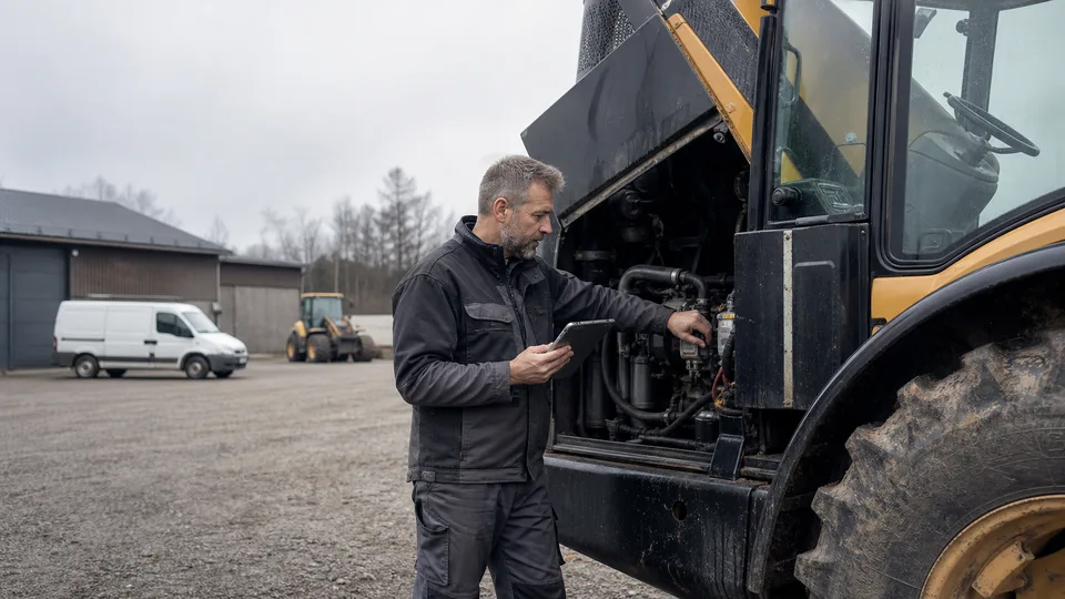 Sachverständiger prüft eine Baumaschine auf einem Betriebshof; ein Transporter steht im Hintergrund.
